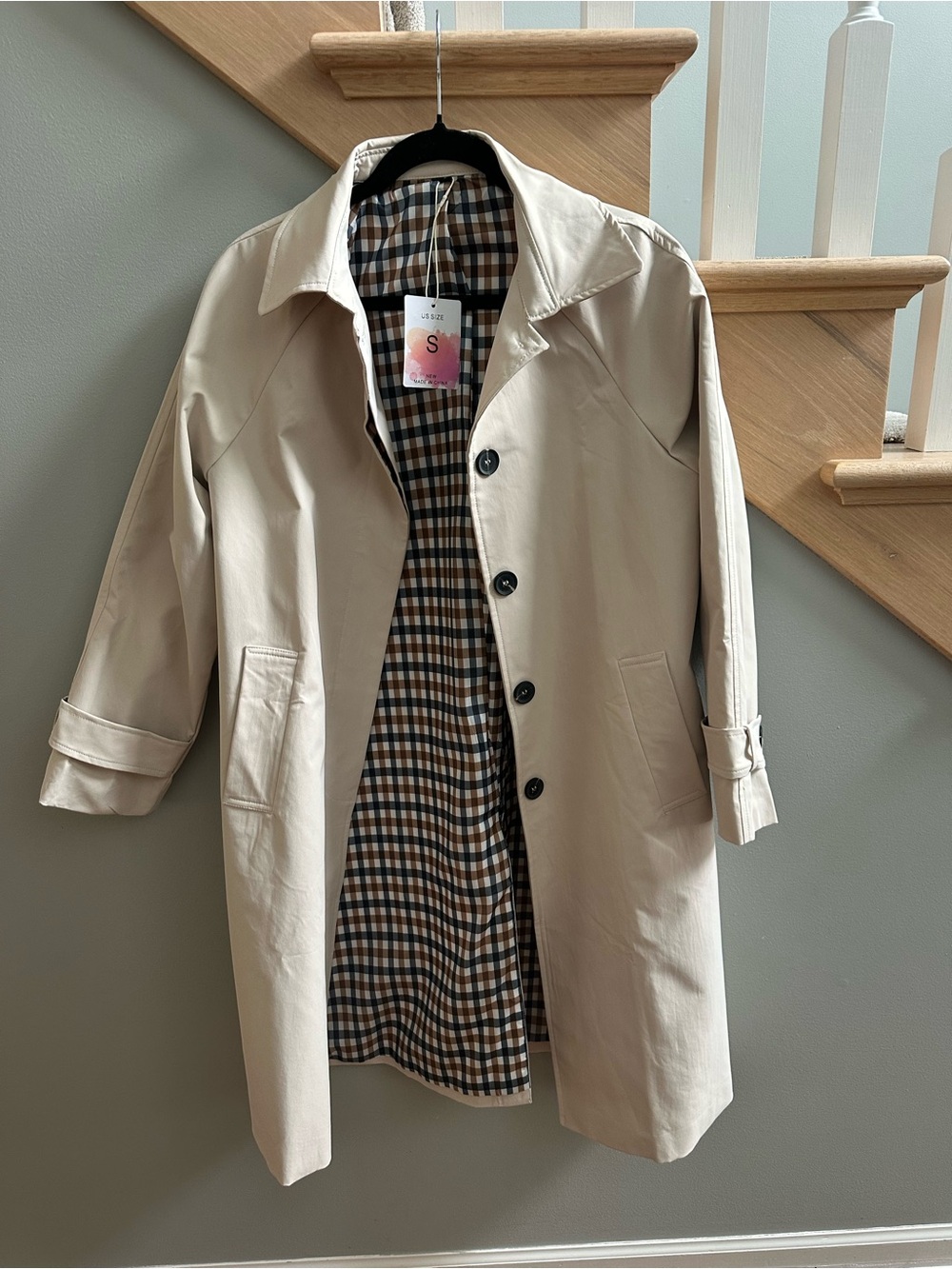 Classic Cream Trench Coat with Checked Lining - Size S